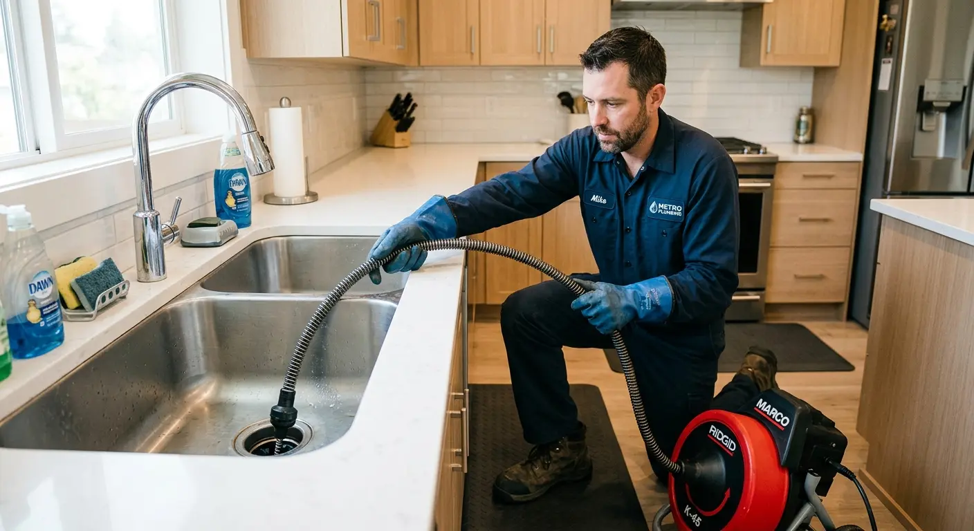 Drain cleaning technician using a motorized snake on a kitchen sink in Webster City