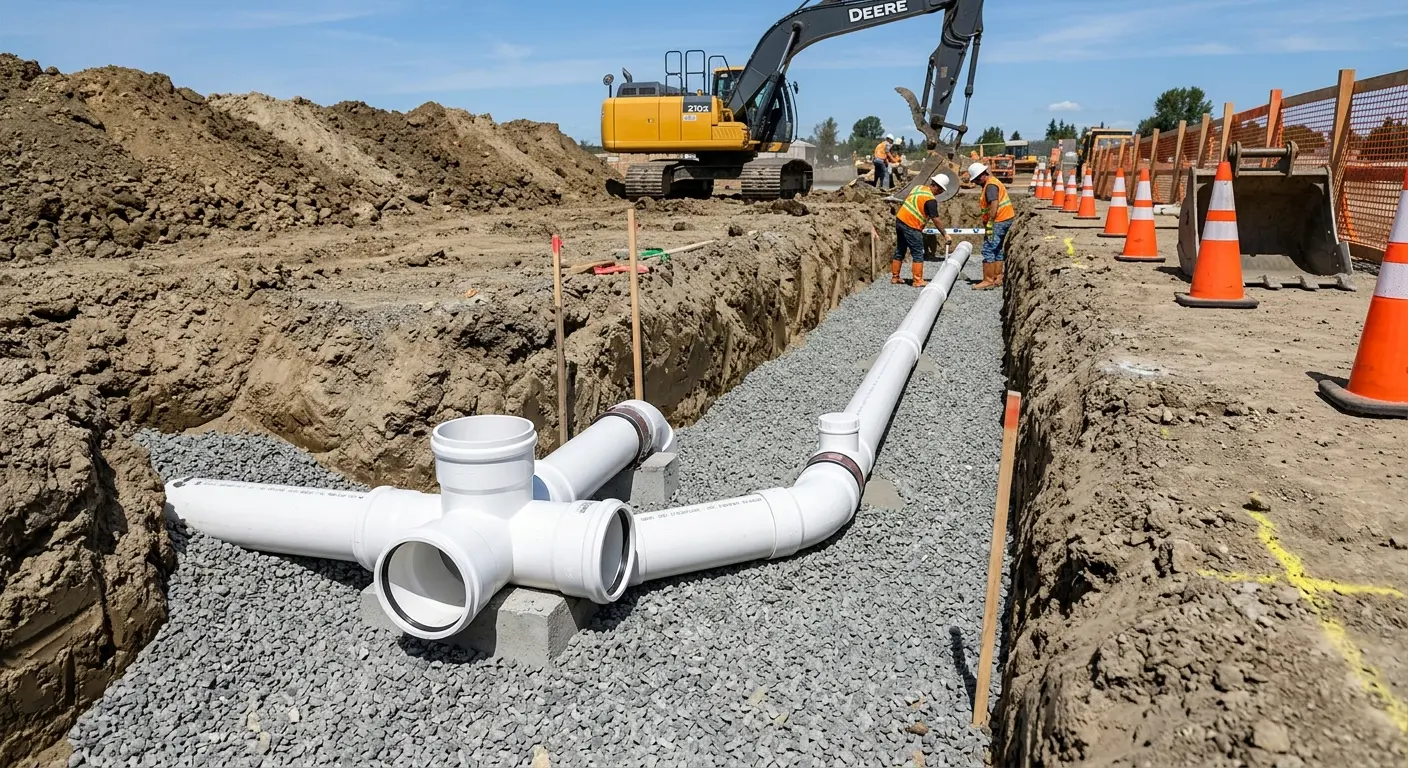 New PVC sewer pipe installation in open trench for Grease Trap Cleaning in Webster City