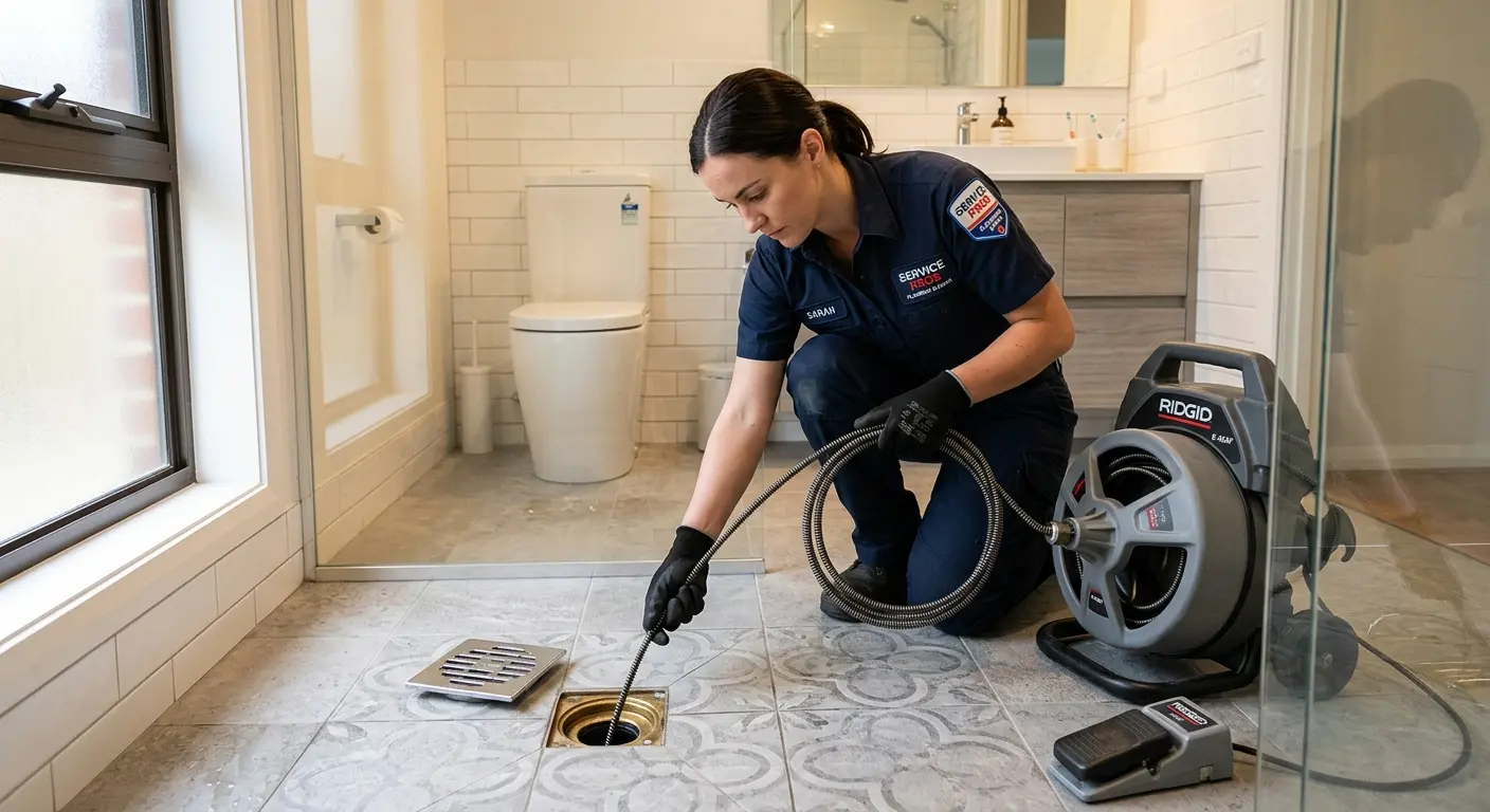 Technician clearing a bathroom floor drain for Sewer Line Installation in Webster City